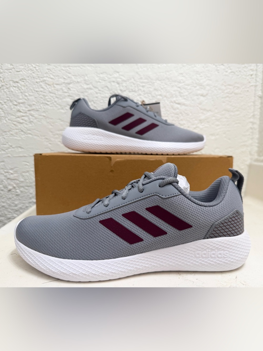 Adidas Grey Sneakers with Burgundy Three-Stripes Running Shoes